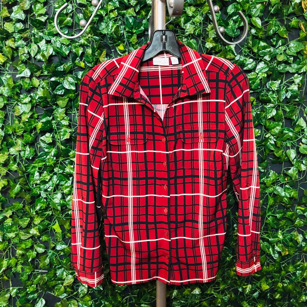 Kim Rogers Red and Black Button Down Blouse S